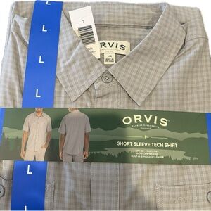 Orvis Mens Plaid Gray Short Sleeve Tech Pocket Button Up Shirt Sz L UPF 30+